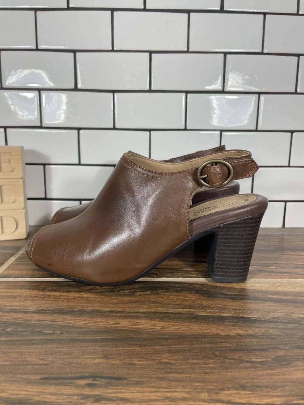 Earth Origins Sydney Shoes Womens Size 8 Brown Leather Peep Toe Slingback Bootie